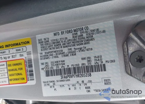 2017 Ford Fusion Sport z USA, uszkodzony, nr VIN 3FA6P0VP7HR205358